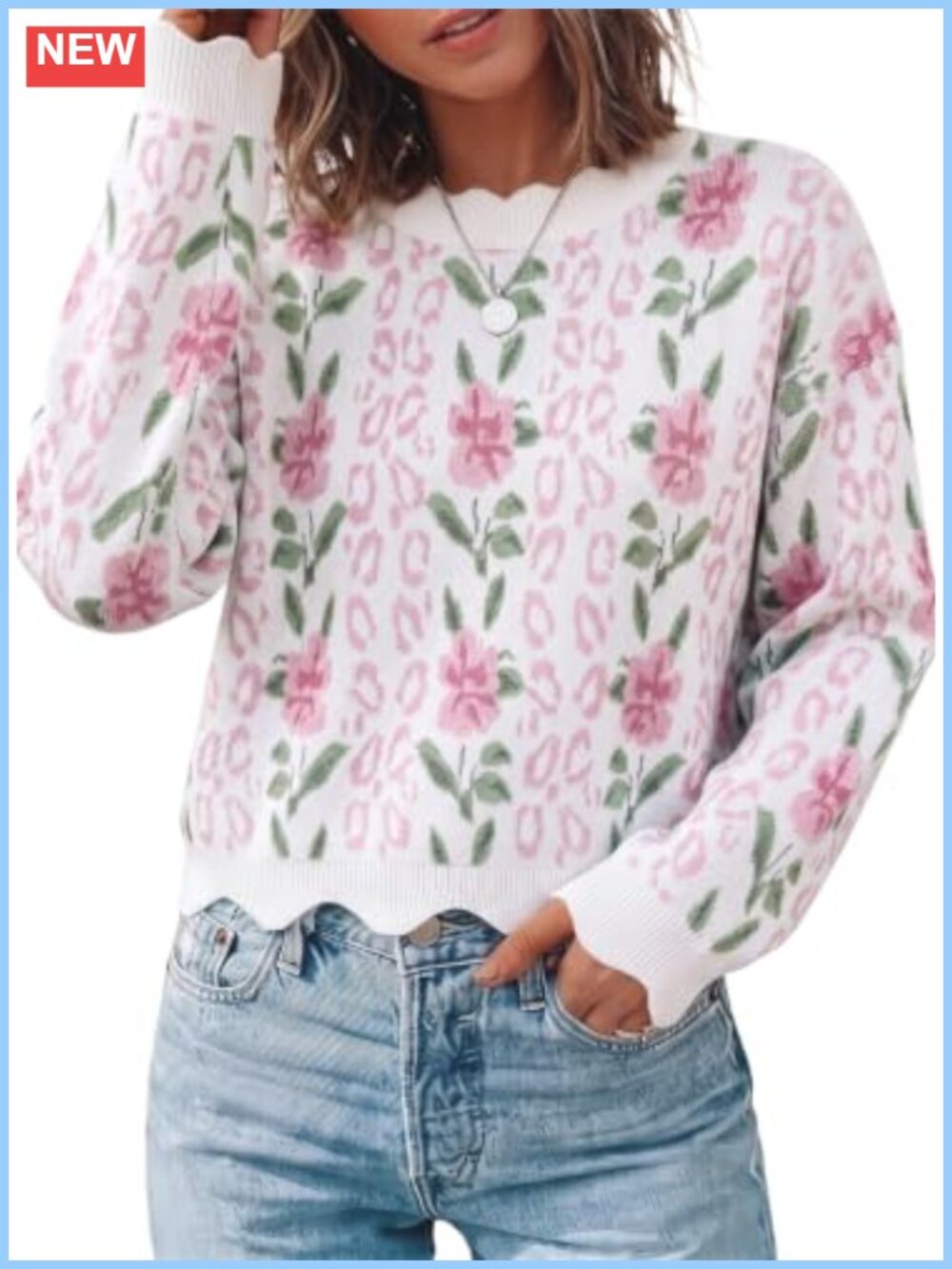 Scalloped Trim Floral Knit Pullover Sweater Long Sleeve Crew Neck